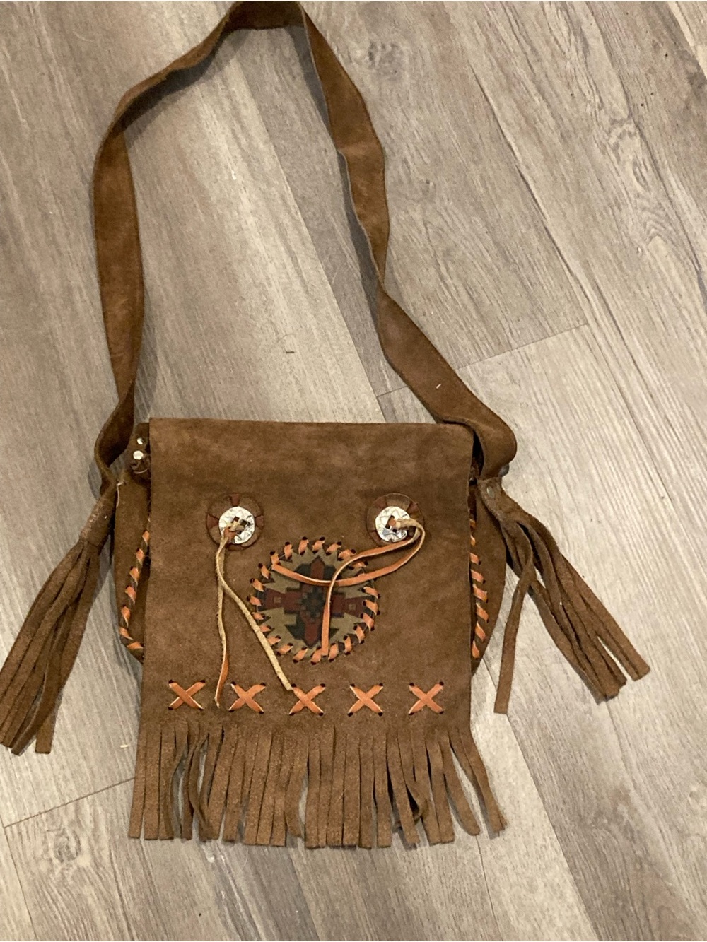 BOHO Handmade Brown Suede Fringe Crossbody Bag with Decorative Stitching